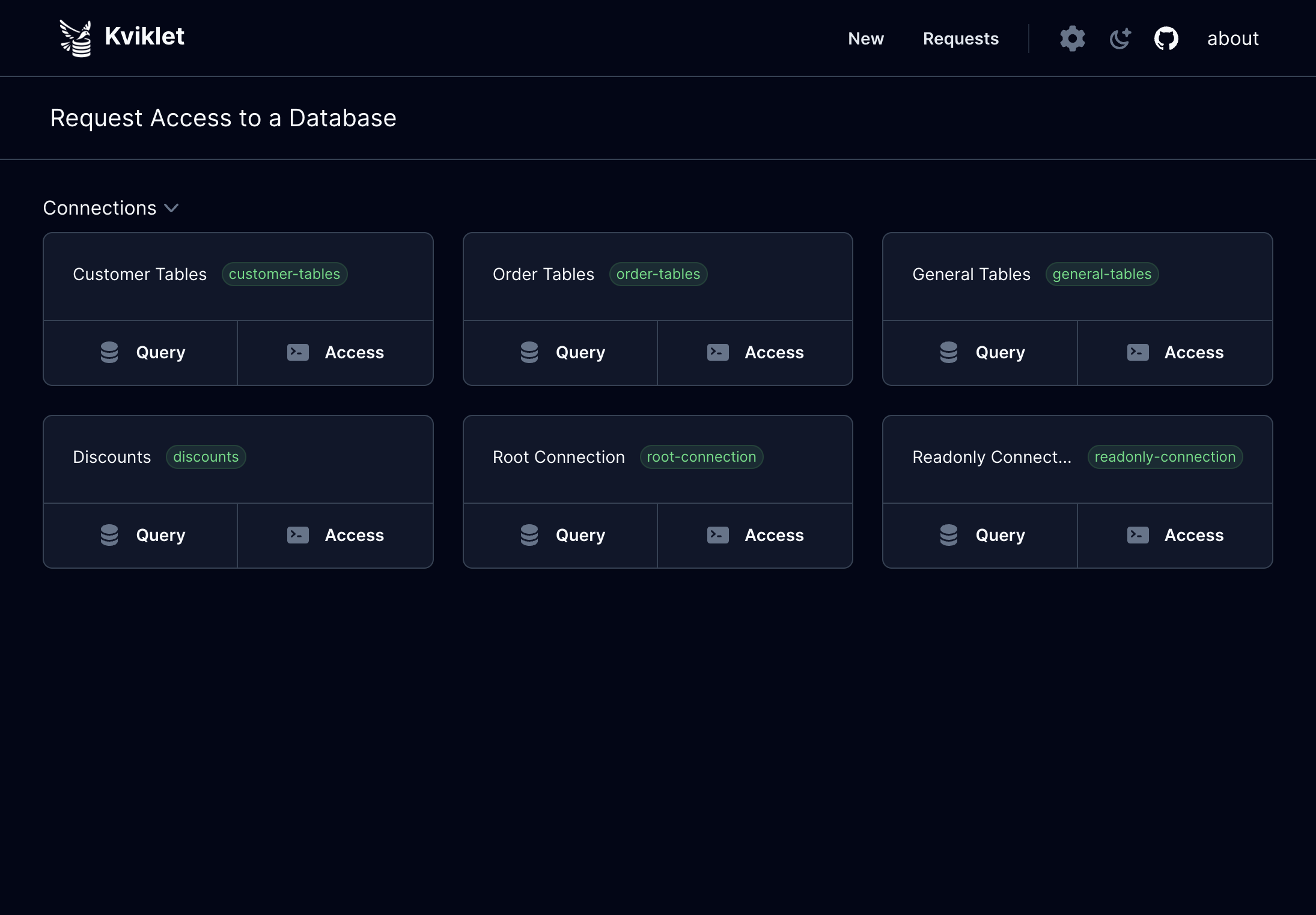 Kviklet Database Connection View to choose the database you want to connect to. Kviklet integrates with most relational (SQL) databases