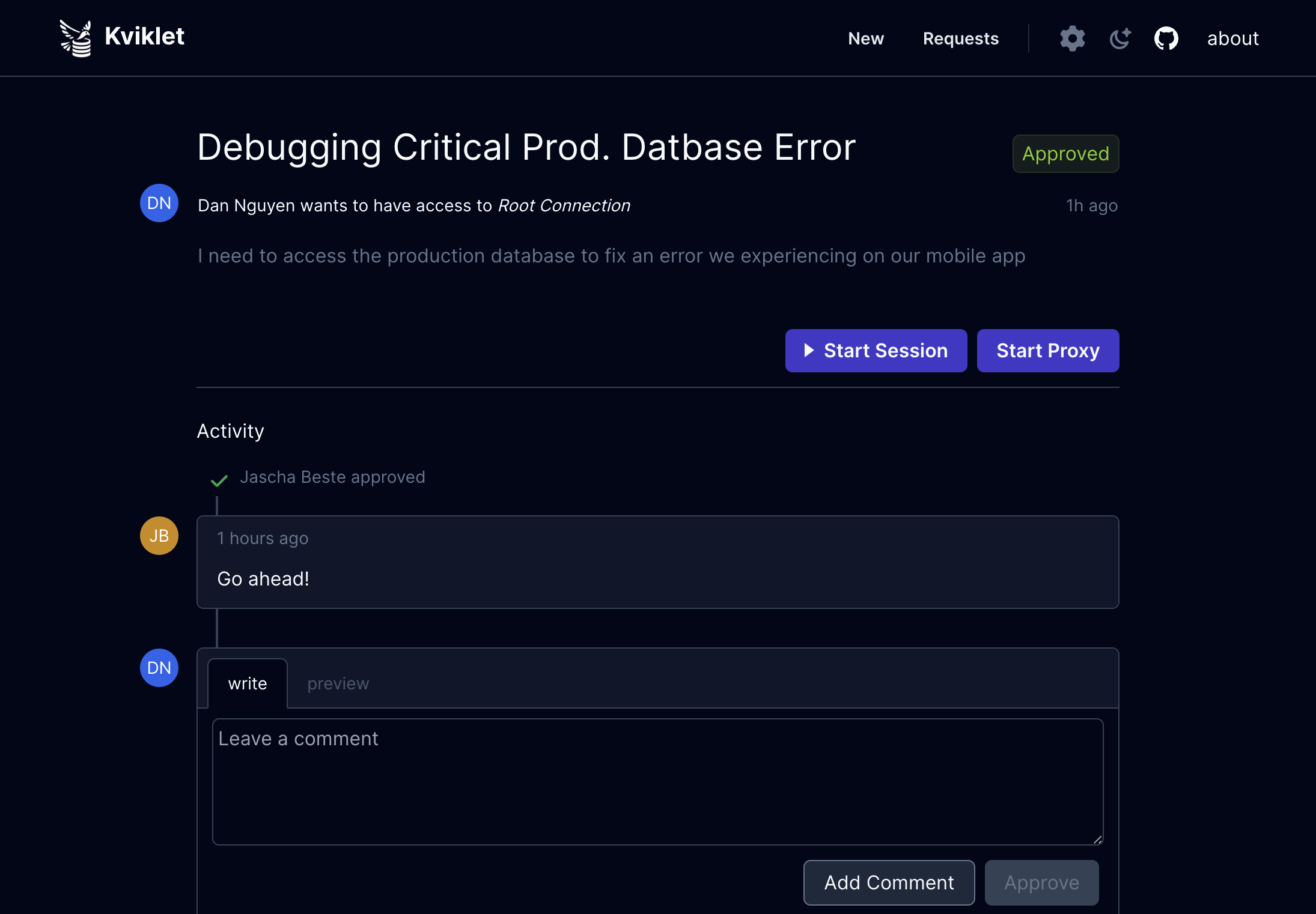 Kviklet Request Status View: Request is approved by another user and ready to be executed.